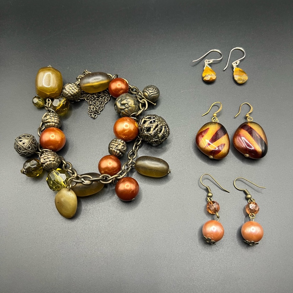 Bulk Set of Brown Tone Beaded Jewelry Earrings and Bracelet Boho